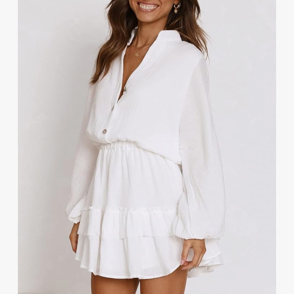 White V-Neck Ruffle Mini Dress Medium Lantern Sleeve Tiered Swing Cotton - Picture 3 of 14